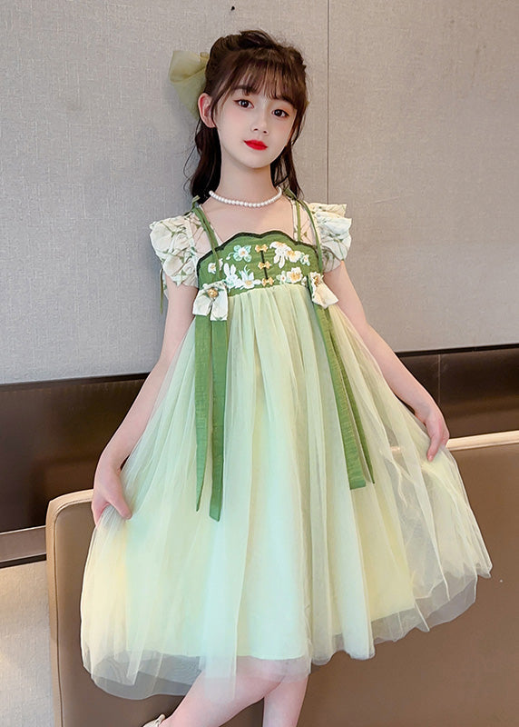 Unique Light Green Embroidered Tassel Patchwork Tulle Long Dress Short Sleeve