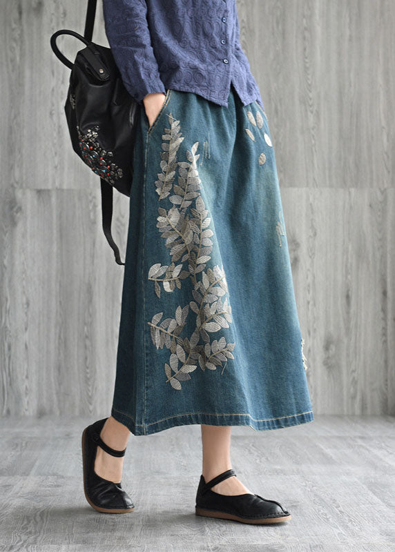 Unique Navy Patchwork Embroidered Denim Skirt Spring