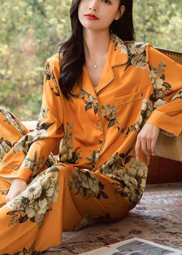 Unique Orange Oversized Floral Pocket Ice Silk Pajamas Two Pieces Set Spring