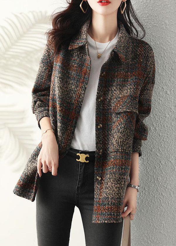 Unique Peter Pan Collar Plaid Button Thick Coat Long Sleeve