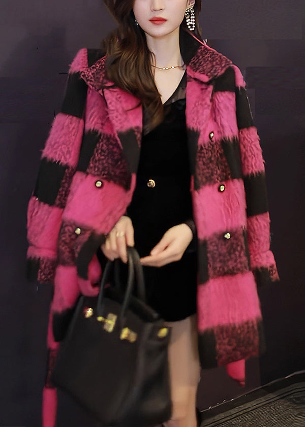 Unique Pink Button Tie Waist Patchwork Woolen Coats Fall