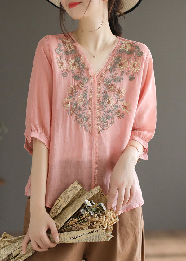 Unique Pink Embroidered Patchwork Linen Tops Half Sleeve