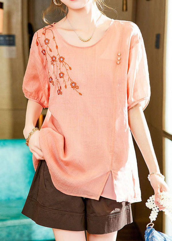 Unique Pink O-Neck Embroidered Patchwork Linen Blouses Summer