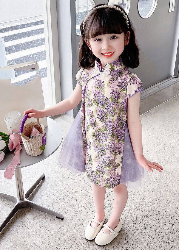 Unique Purple Stand Collar Print Girls Mid Dress Summer