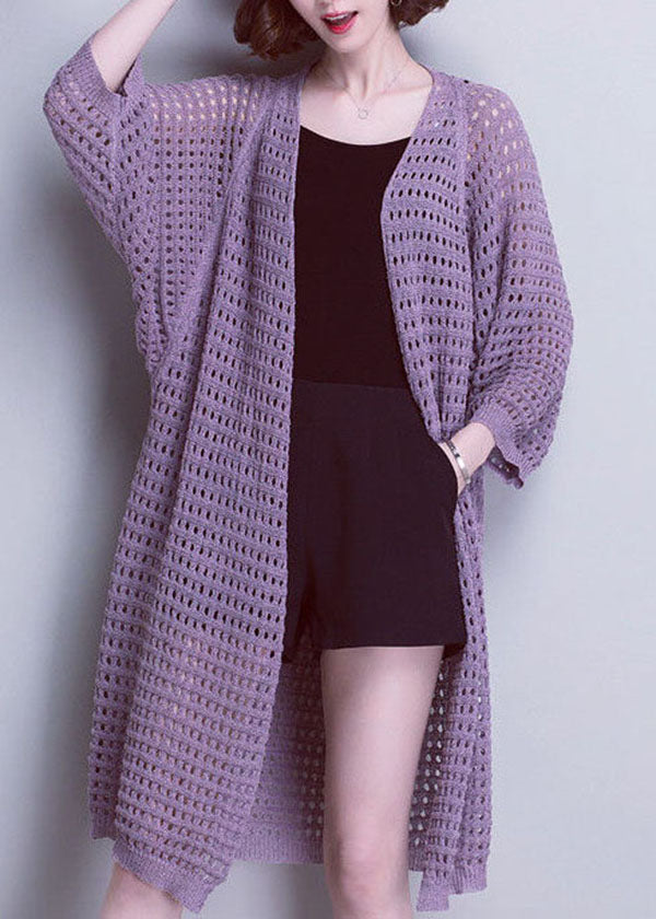 Unique Purple V Neck Hollow Out Patchwork Knit Cardigans Summer