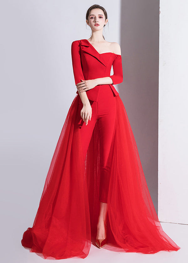 Unique Red Asymmetric Off Shoulder Design Tulle Patchwork Set Autumn