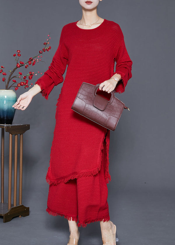 Unique Red Asymmetrical Side Open Knit Two Piece Suit Set Fall