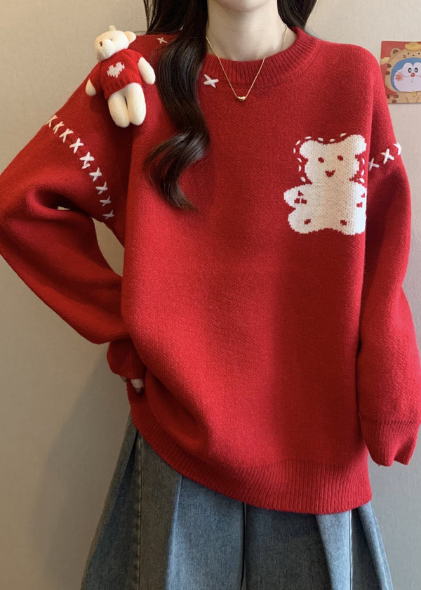 Unique Red O Neck Cartoon Patchwork Knitted Sweaters Winter