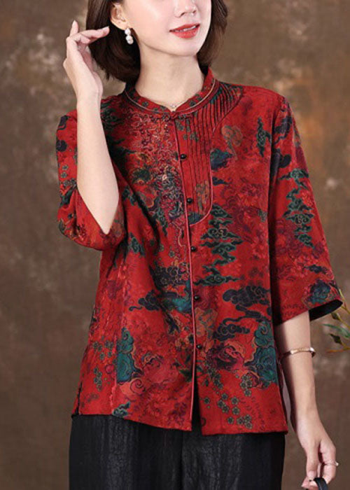 Unique Red Stand Collar Print Slim Silk Shirt Tops Half Sleeve