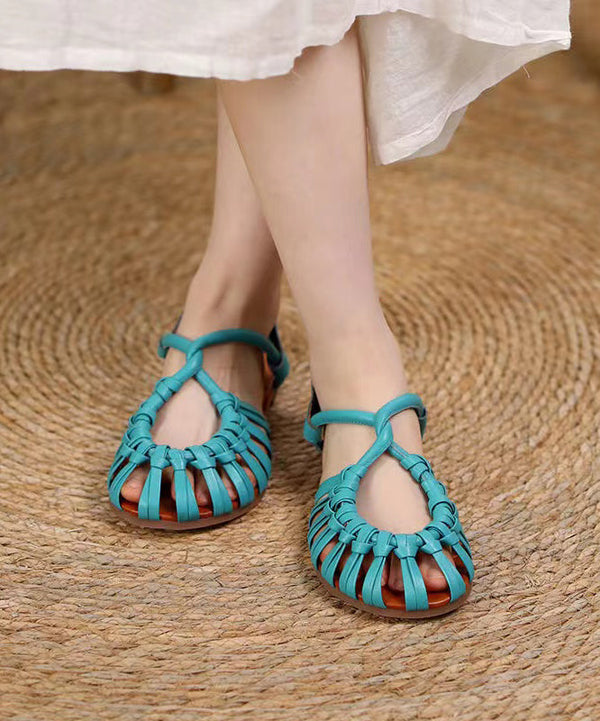 Unique Splicing Walking Sandals Blue Cowhide Leather Hollow Out