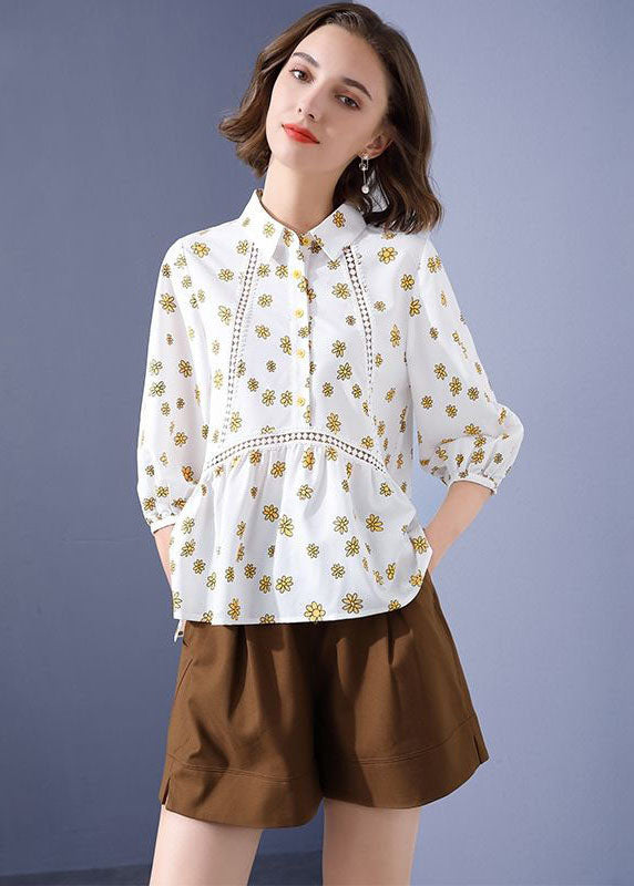 Unique White Hollow Out Patchwork Print Chiffon Blouse Tops Bracelet Sleeve