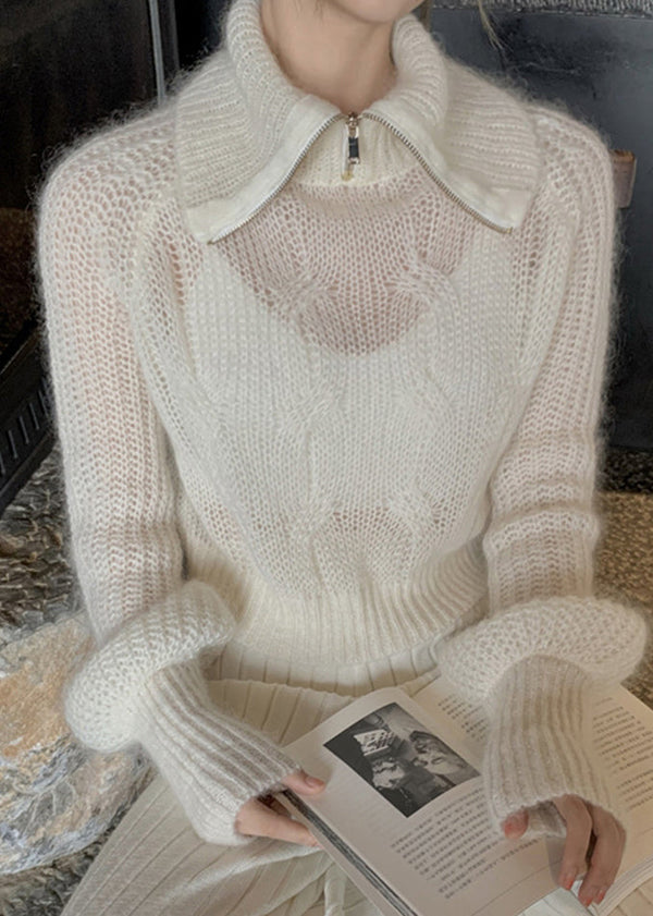 Unique White Zippered Hole  Cotton Knit Top Fall