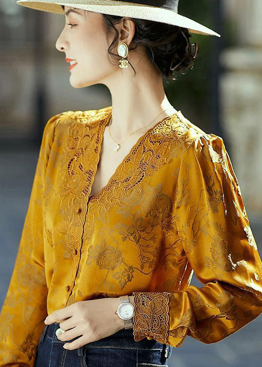 Unique Yellow V Neck Embroidered Jacquard Silk Shirts Long Sleeve