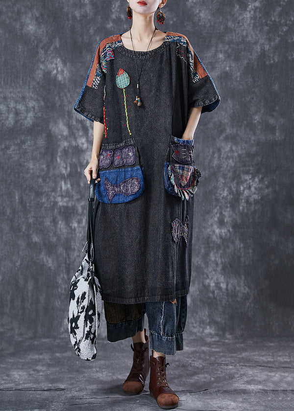 Vintage Black Embroidered Patchwork Applique Denim Maxi Dresses Summer