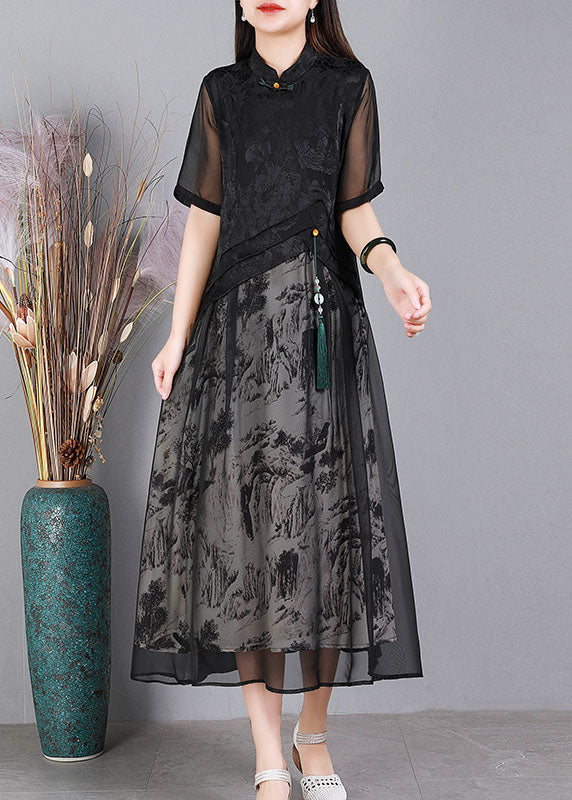 Vintage Black Mandarin Collar Print Tulle Patchwork Silk Long Dresses Short Sleeve