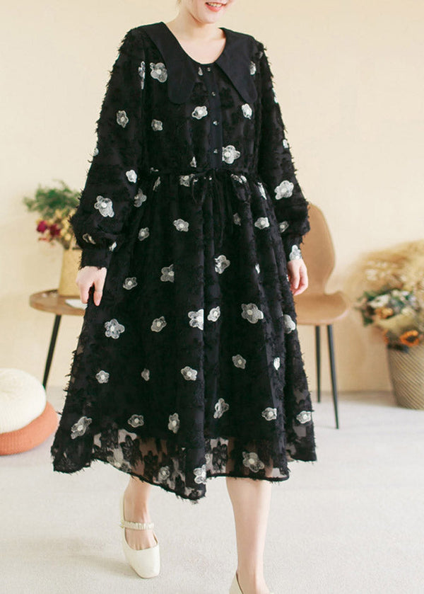 Vintage Black O-Neck Embroidered Floral Patchwork Cotton Long Dress Spring