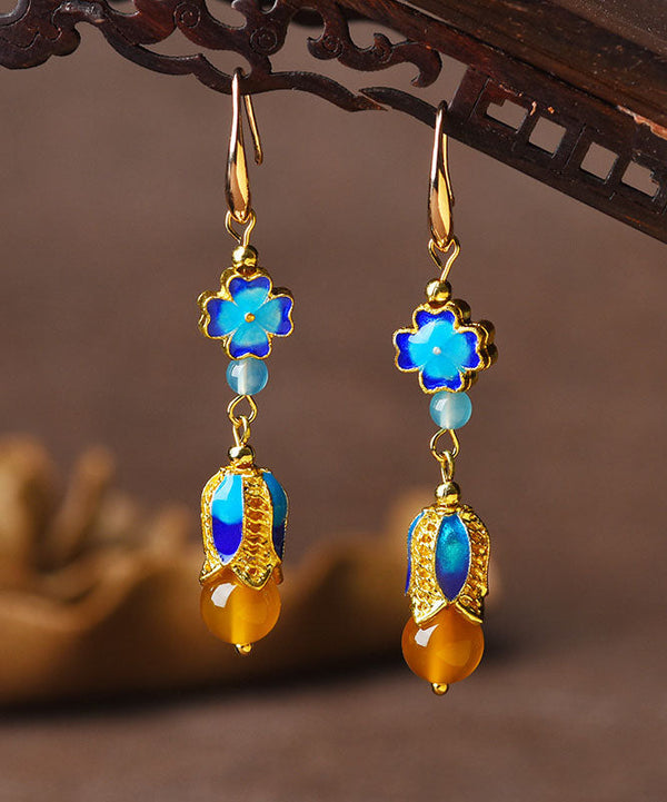 Vintage Blue Metal Agate 14K Gold Original Design Drop Earrings