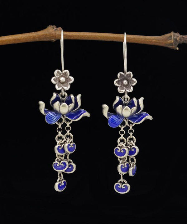 Vintage Blue Sterling Silver Cloisonne Lotus Tassel Drop Earrings