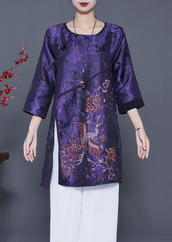 Vintage Dark Purple Embroidered Side Open Silk Shirts Bracelet Sleeve