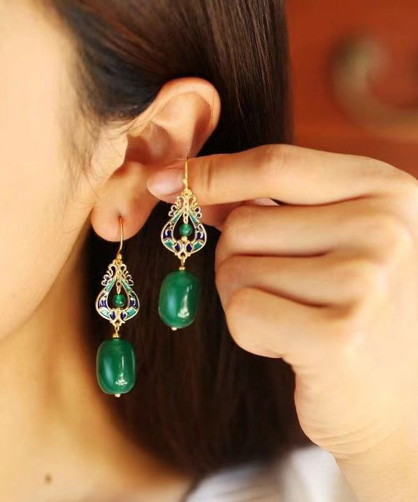 Vintage Design Green Jade Silver Drop Earrings