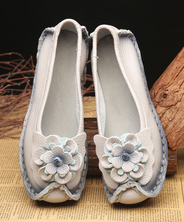 Vintage Floral Splicing Penny Loafers Light Grey Cowhide Leather