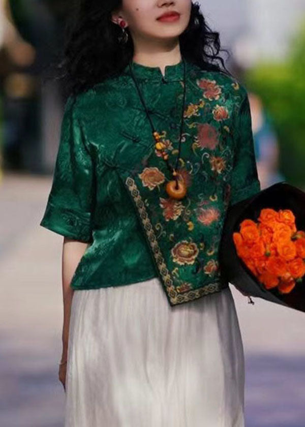 Vintage Green Mandarin Collar Asymmetrical Embroidered Silk Shirts Half Sleeve