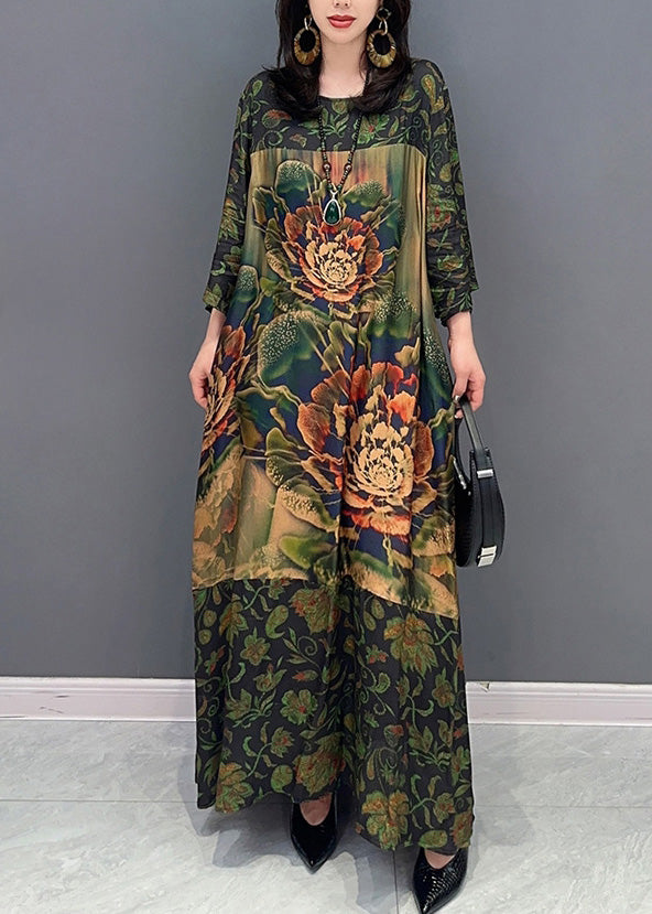 Vintage Green Print Cozy Maxi Dress Spring