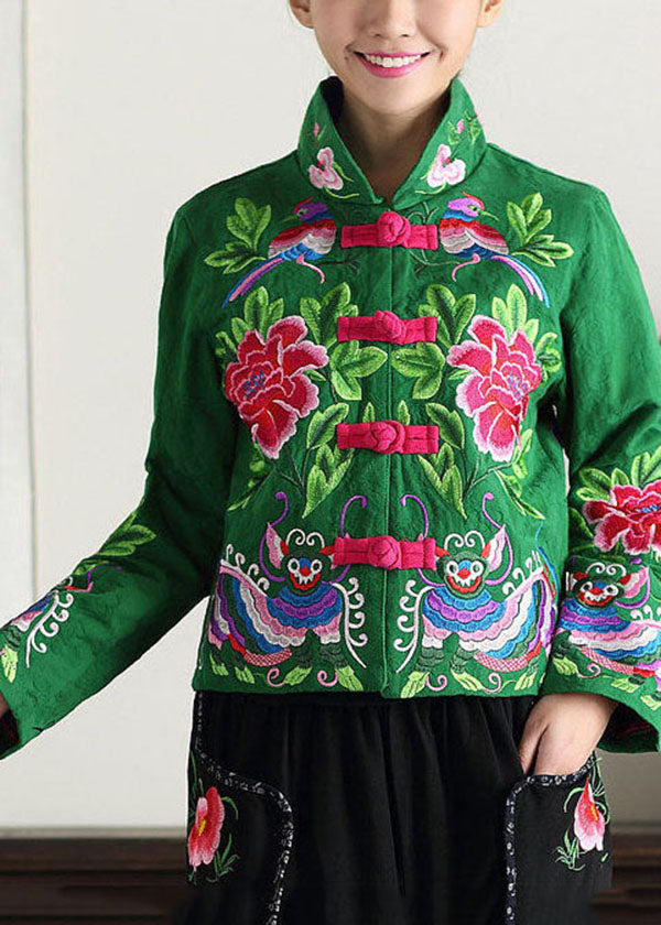 Vintage Green Stand Collar Embroidered Cotton Jacket Fall