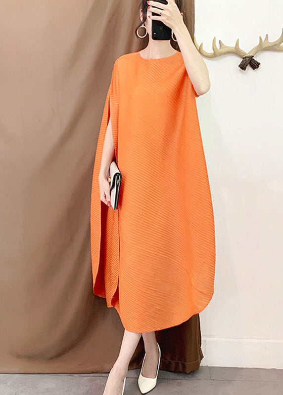 Vintage Orange O-Neck Asymmetrical Striped Long Dress Short Sleeve