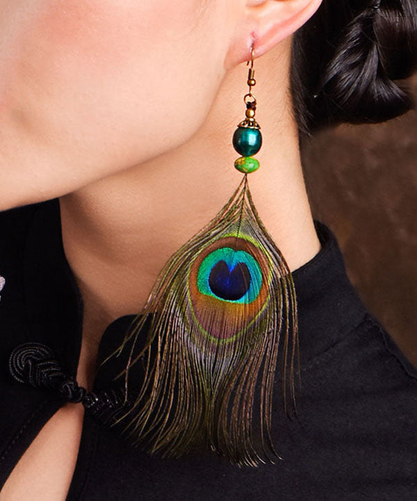 Vintage Peacock Feather Ethnic Style Copper Drop Earrings