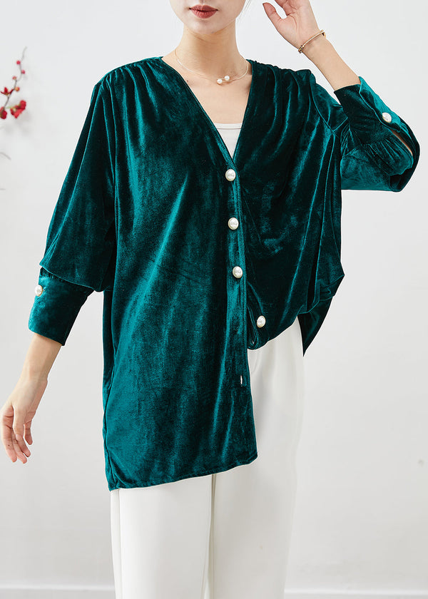 Vintage Peacock Green V Neck Silk Velour Blouses Fall