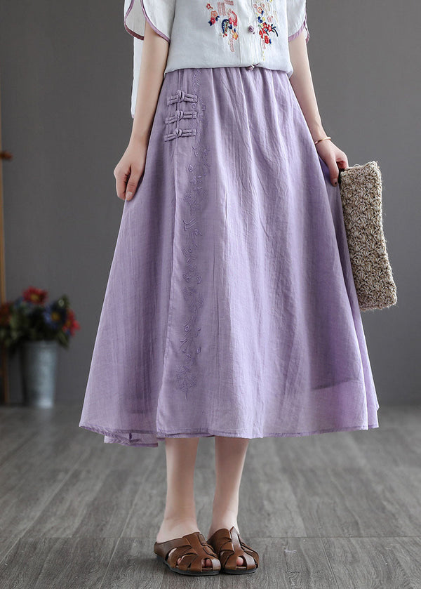 Vintage Purple Elastic Waist Embroidered Linen Skirt Spring