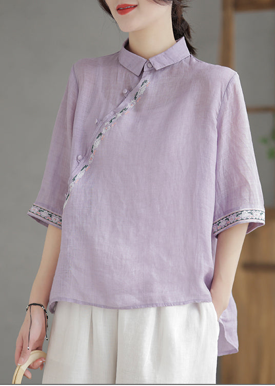 Vintage Purple Embroidered Linen Shirt Half Sleeve