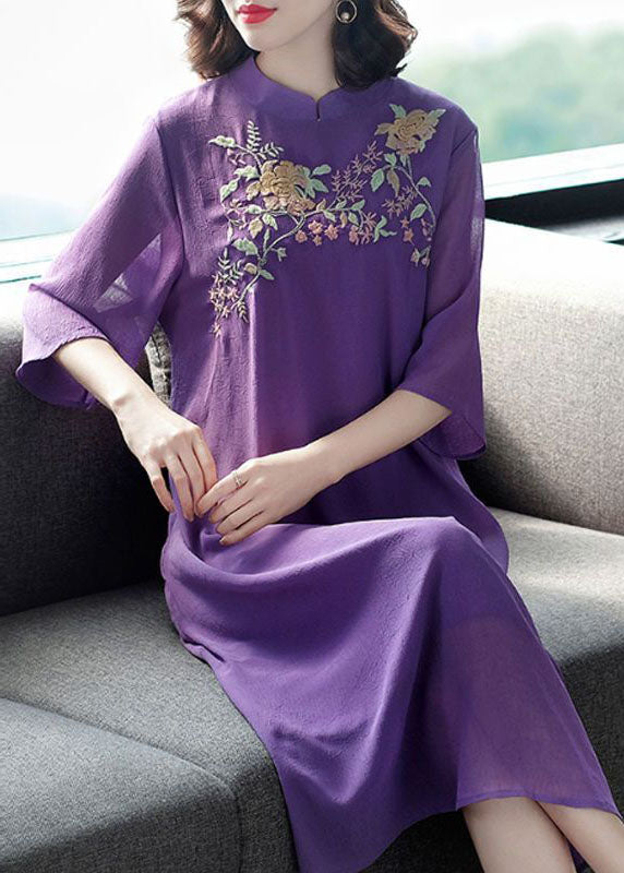 Vintage Purple Mandarin Collar Embroidered Silk Long Dress Summer