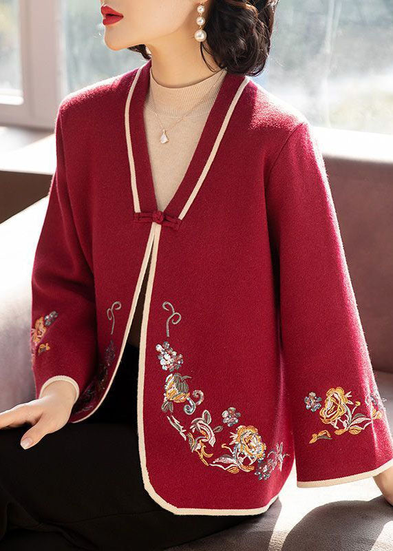 Vintage Red Embroidered Oriental Button Woolen Coats Long Sleeve