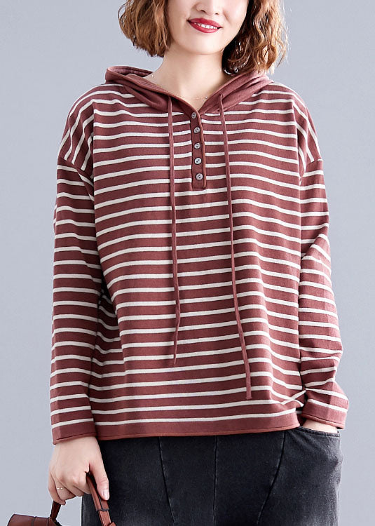 Vintage Red Hooded Striped Cotton Loose Sweatshirts Top Spring