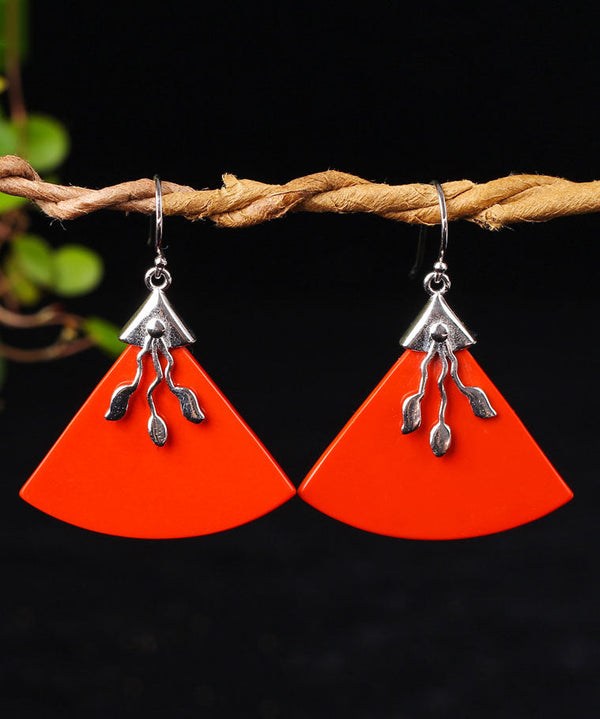 Vintage Red Sterling Silver Triangular Cinnabar Drop Earrings