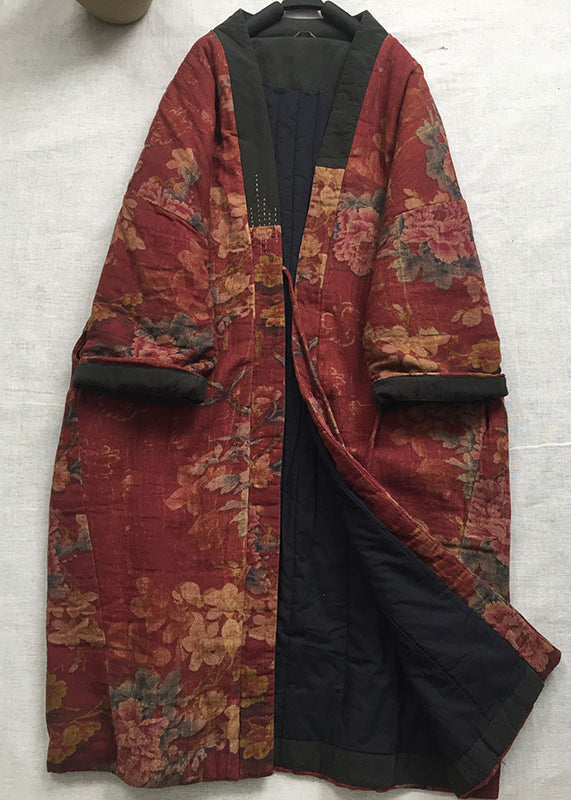 Vintage Red V Neck Print Fine Cotton Filled Long Coat Spring