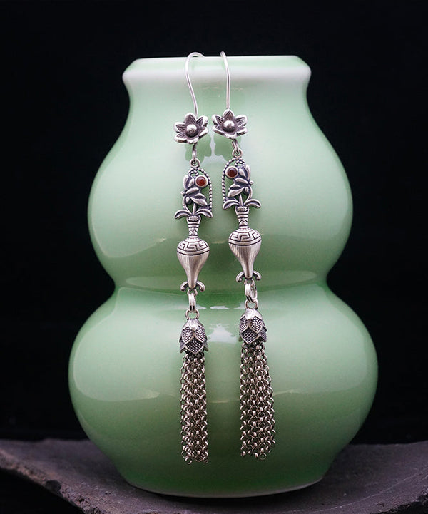 Vintage Silk Sterling Silver Tassel Floral Wheat Ear Drop Earrings