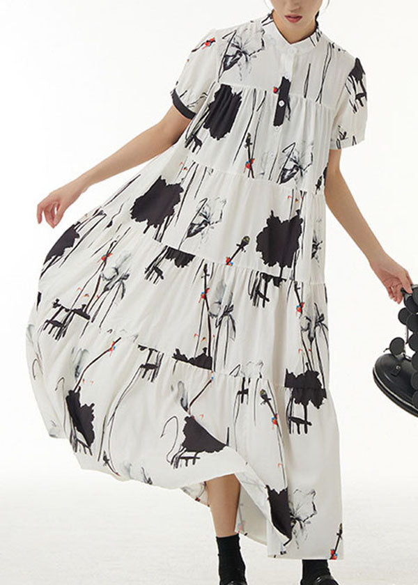 Vintage White Stand Collar Wrinkled Print Chiffon Dresses Summer