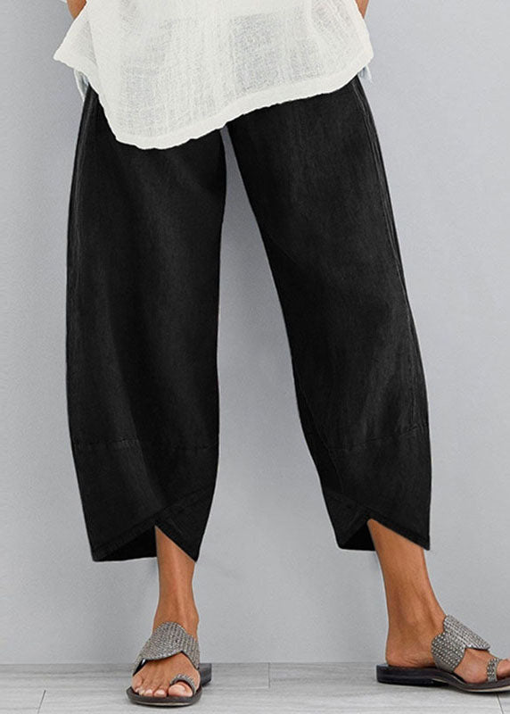 Black Cotton Linen Wide Leg Pants