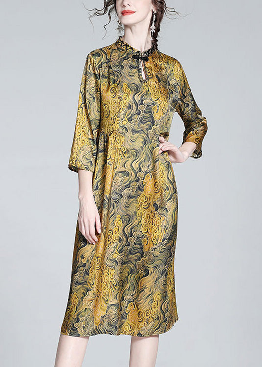 Vintage Yellow Stand Collar Print Button Silk Maxi Dress Summer