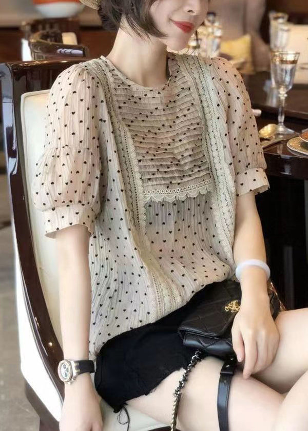 Vogue Apricot O Neck Print Chiffon T Shirt Short Sleeve