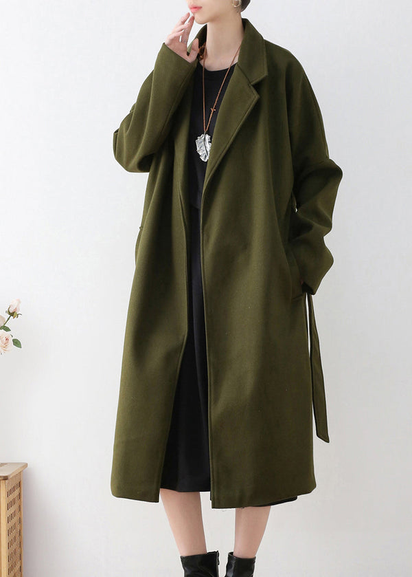 Vogue Army Green Notched Tie Waist Woolen Trench Coats Winter