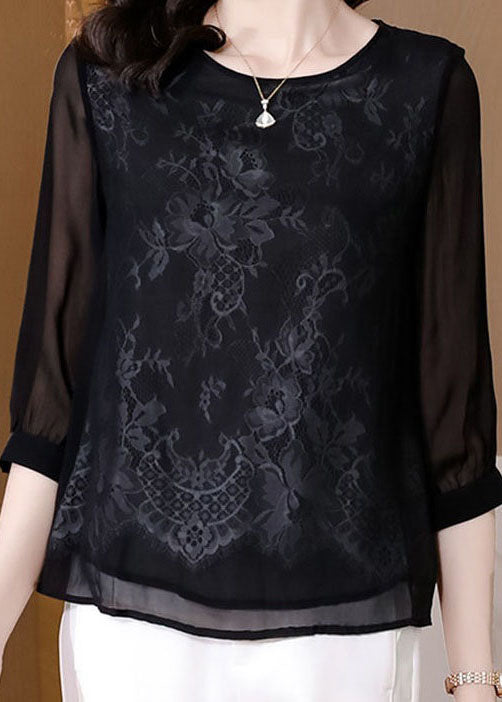 Vogue Black Embroidered Lace Patchwork Silk Tops Bracelet Sleeve