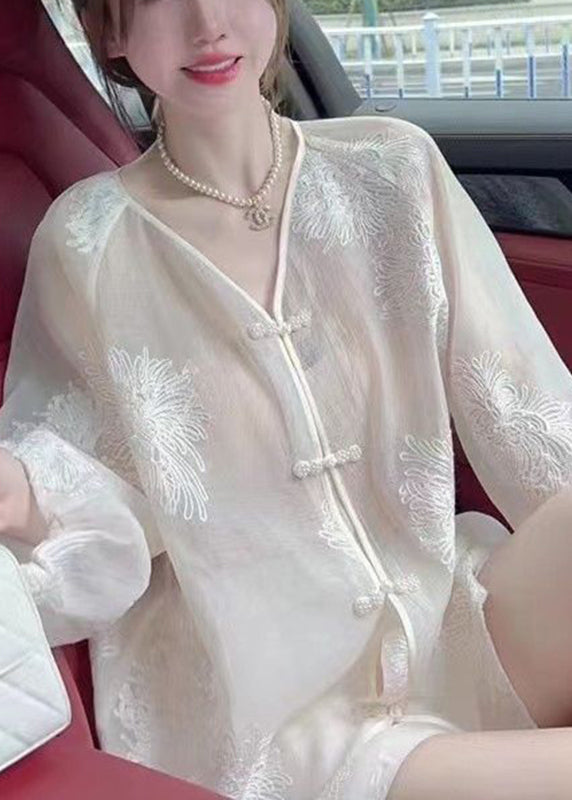 Vogue White Embroidered Button Chiffon UPF 50+ Shirt Fall