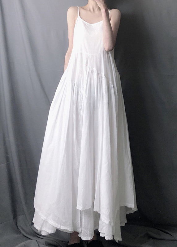 White Asymmetrical Patchwork Cotton Spaghetti Strap Dress O Neck Summer