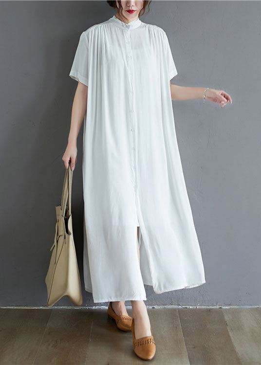 White Draping Cotton Holiday Dress Stand Collar Oversized Summer