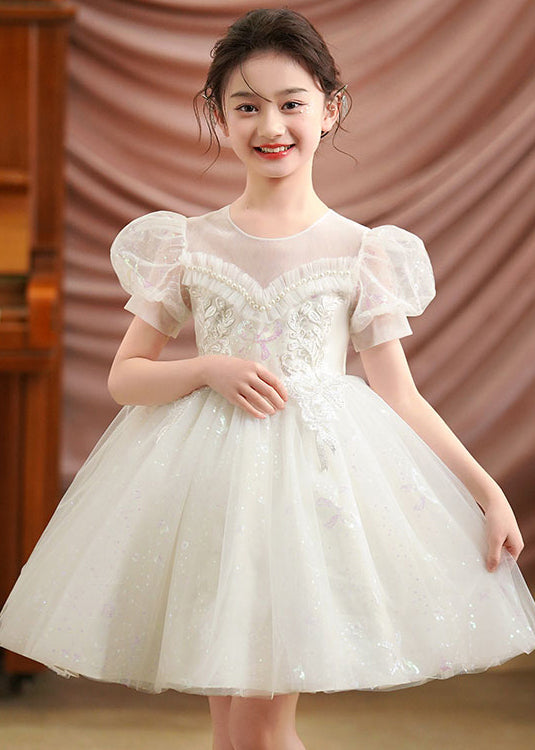 White Embroidered Tulle Baby Girls Party Dress Puff Sleeve Summer