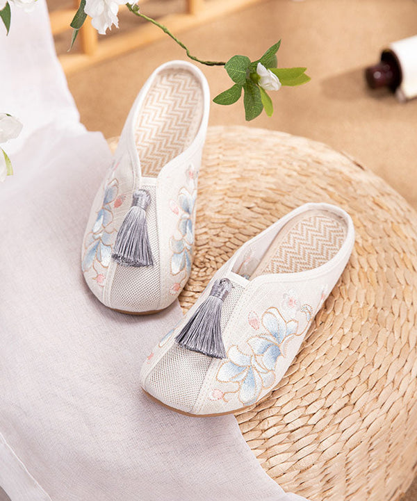 White Flat Slide Sandals Linen Fabric Chic Embroidery Tassel